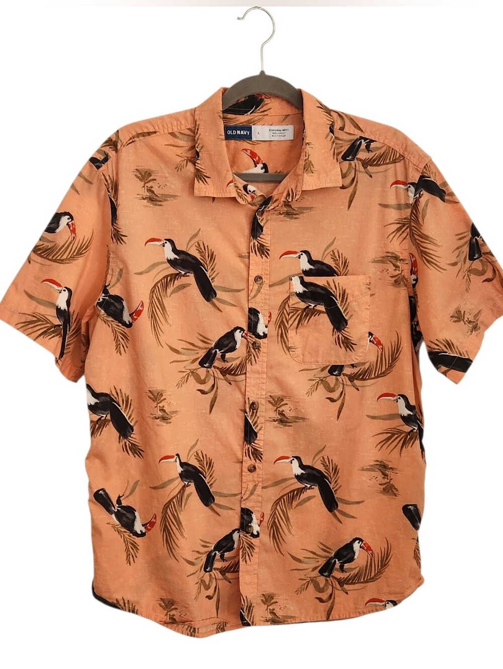 Old Navy Coral Toucan Print Short Sleeve Button Down Shirt Size Large